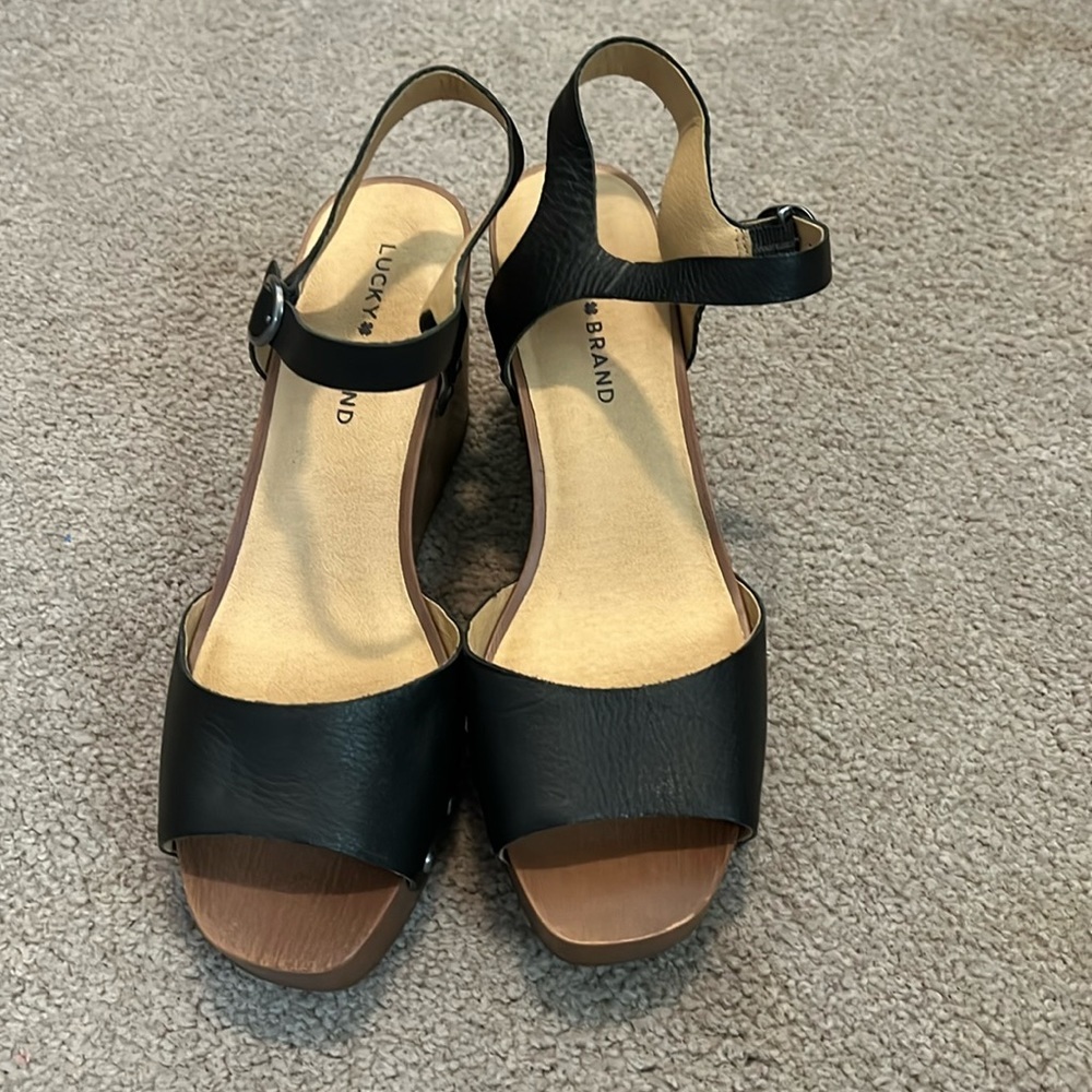 Lucky Brand Black Leather Slingback Wedge Sandals